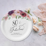 Elegant Floral 80th Birthday Party Papieren Bordje<br><div class="desc">Elegante papieren borden voor haar 80ste verjaardagsfeestje met "80 & Fabulous" in een stijlvol script en waterverf boeketten van bordeaux rood,  blush roze en paarse bloemblaadjes.</div>