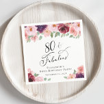 Elegant Floral 80th Birthday Party Servet<br><div class="desc">Elegante servetten voor haar 80ste verjaardagsfeestje met "80 & Fabulous" in een stijlvol script en waterverf boeketten van bordeaux rood,  blush roze en paarse bloemen met licht salie groen.</div>