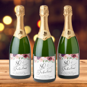 Elegant Floral 80th Birthday Party Sparkling Wijnetiket