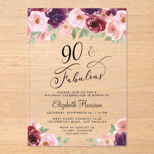 Elegant Floral 90th Birthday Party Acryl Uitnodigingen (Voorkant)