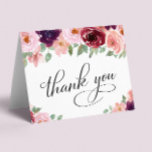 Elegant Floral 90th Birthday Party Bedankkaart<br><div class="desc">Elegant 90ste verjaardagsfeestje bedankpas met "Thank You" in een chique kalligrafie script en waterverf boeketten van bordeaux rood en blos roze bloemstukken met salie groen. Personaliseer uw bedankbericht en handtekening aan de binnenkant,  of laat leeg voor een handgeschreven notitie.</div>