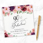 Elegant Floral 90th Birthday Party Gastenboek Notitieboek<br><div class="desc">Elegant gastenboek voor haar 90ste verjaardagsfeestje met "90 & Fabulous" in een stijlvol kalligrafiescript en waterverf boeketten van bordeaux rood en blozend roze bloemetjes met salie groen.</div>