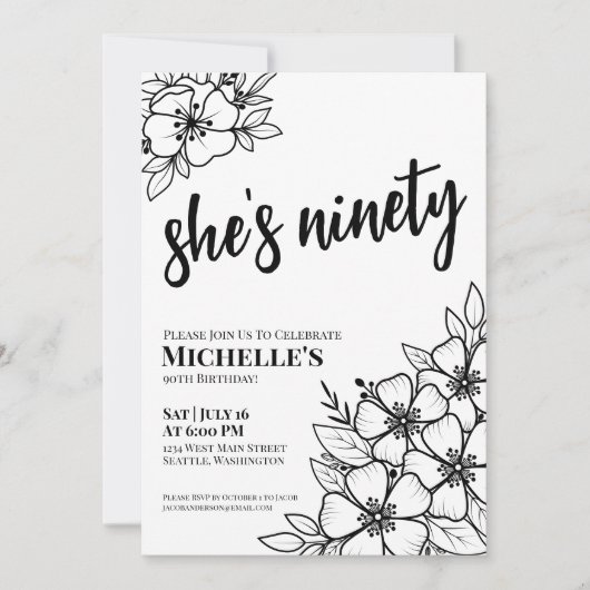 Elegant Floral 90th Birthday Party Kaart (Voorkant)