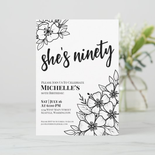 Elegant Floral 90th Birthday Party Kaart (Staand voorkant)