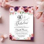 Elegant Floral 90th Birthday Party Kaart<br><div class="desc">De 90ste verjaardag van Elegant uitnodiging met "90 & Fabulous" in een stijlvol script en waterverf bouquets van woedde rode,  roze en paarse bloemen.</div>