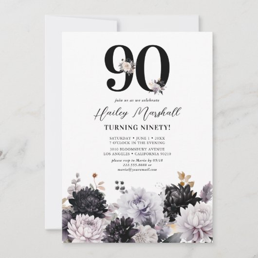 Elegant Floral 90th Birthday Party Kaart (Voorkant)