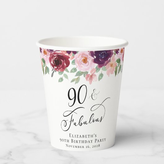 Elegant Floral 90th Birthday Party Papieren Bekers (Achterkant)
