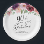 Elegant Floral 90th Birthday Party Papieren Bordje<br><div class="desc">Elegante papieren borden voor haar 90ste verjaardagsfeestje met "90 & Fabulous" in een kalligrafiescript en waterverf boeketten van bordeaux rood,  blush roze en paarse bloemblaadjes.</div>
