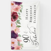 Elegant Floral 90th Birthday Party Spandoek (Verticaal)