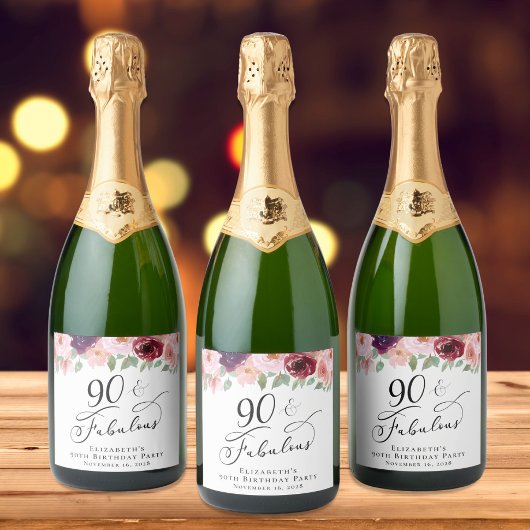 Elegant Floral 90th Birthday Party Sparkling Wijnetiket