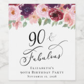 Elegant Floral 90th Birthday Party Wijn Etiket (Enkel label)
