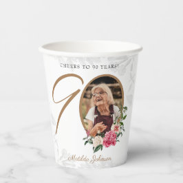 Elegant Floral 90th Birthday White Gold Custom Papieren Bekers