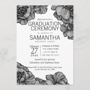 Elegant Floral Afstuderen Ceremony Black and White Kaart