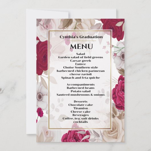Elegant Floral Afstuderen Dinner Menu Uitnodiging (Voorkant)