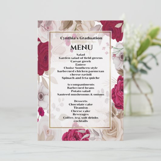 Elegant Floral Afstuderen Dinner Menu Uitnodiging (Staand voorkant)