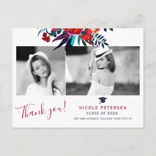 Elegant floral afstuderen foto afstuderen bedankt briefkaart (Voorkant)