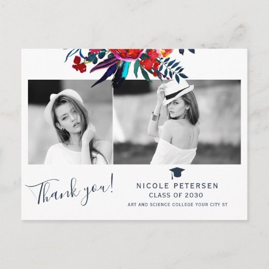 Elegant floral afstuderen foto afstuderen bedankt briefkaart (Voorkant)