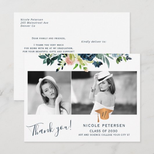 Elegant floral afstuderen foto afstuderen bedankt briefkaart (Voorkant / Achterkant)