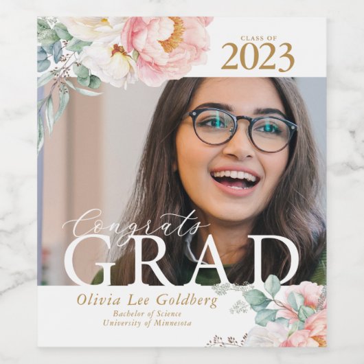 Elegant Floral Afstuderen Fotoetiketten Wijn Etiket (Enkel label)