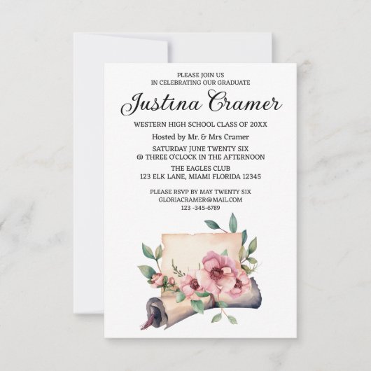 Elegant Floral Afstuderen Invitation Kaart (Voorkant)