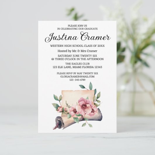Elegant Floral Afstuderen Invitation Kaart (Staand voorkant)