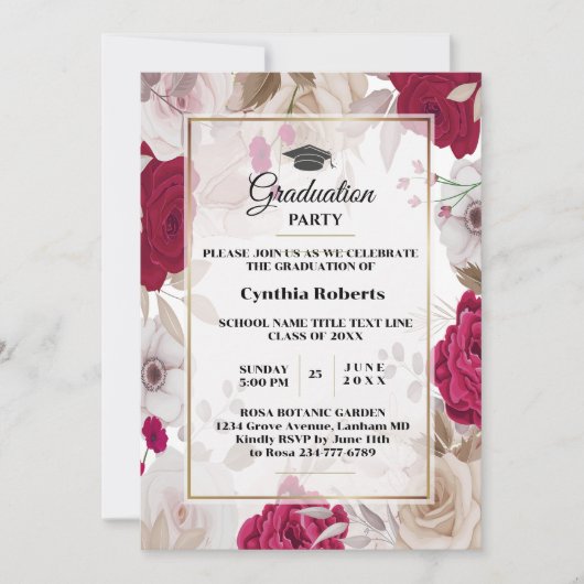 Elegant Floral Afstuderen Invitation Kaart (Voorkant)