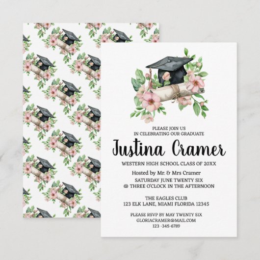 Elegant Floral Afstuderen Invitation Kaart (Voorkant / Achterkant)
