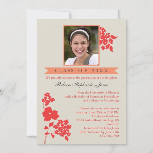 Elegant Floral Afstuderen Photo Invitation Coral/I Kaart (Voorkant)