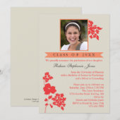 Elegant Floral Afstuderen Photo Invitation Coral/I Kaart (Voorkant / Achterkant)