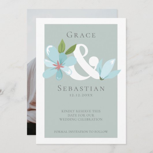 Elegant Floral Ampersand Wedding Save the Date (Voorkant / Achterkant)