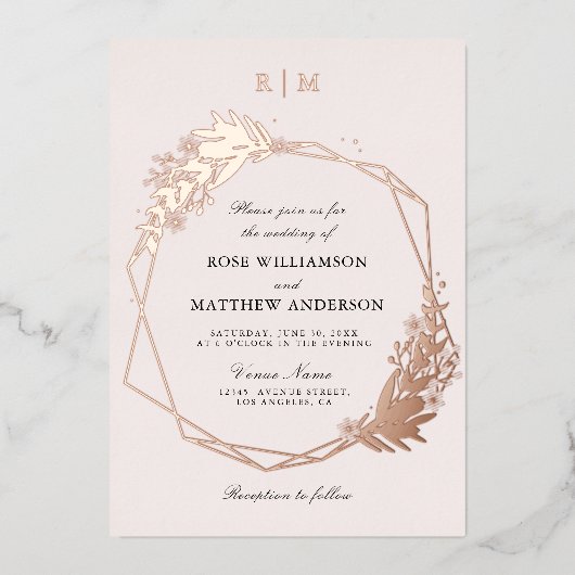 elegant floral and calligraphy roos gold folie uitnodiging (Voorkant)
