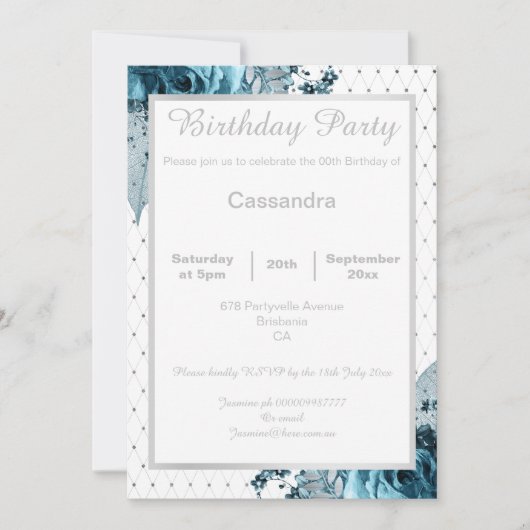 ELEGANT FLORAL AQUA BLUE SILVER NETTING BIRTHDAY KAART (Voorkant)