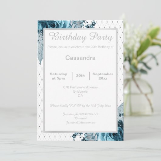 ELEGANT FLORAL AQUA BLUE SILVER NETTING BIRTHDAY KAART (Staand voorkant)