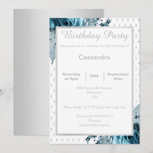 ELEGANT FLORAL AQUA BLUE SILVER NETTING BIRTHDAY KAART (Voorkant / Achterkant)