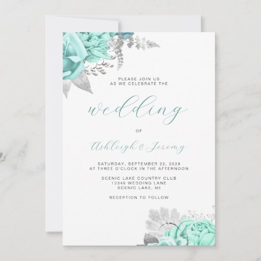 Elegant Floral Aqua Silver QR Code Wedding Kaart (Voorkant)