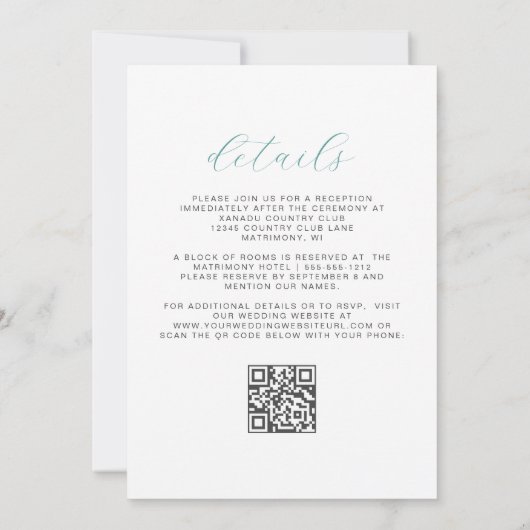 Elegant Floral Aqua Silver QR Code Wedding Kaart (Achterkant)