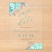 Elegant Floral Aqua Silver Save the Date Acryl Uitnodigingen (Voorkant)