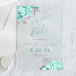 Elegant Floral Aqua Silver Save the Date Acryl Uitnodigingen