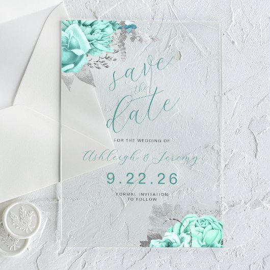 Elegant Floral Aqua Silver Save the Date Acryl Uitnodigingen