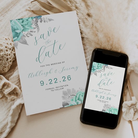 Elegant Floral Aqua Silver Save the Date Kaart