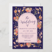 Elegant Floral Arch Navy Blue Blush Pink Wedding Kaart (Voorkant)