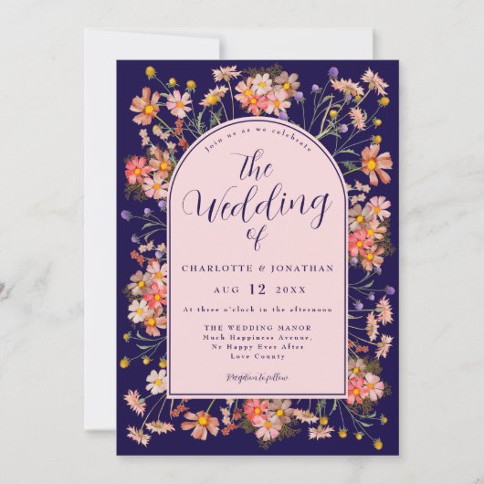 Elegant Floral Arch Navy Blue Blush Pink Wedding Kaart (Voorkant)