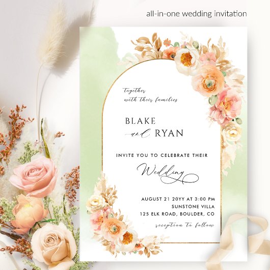 Elegant Floral Arch Peach Blush and Green Wedding Kaart