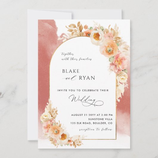 Elegant Floral Arch Peach Blush and Rust Wedding Kaart (Voorkant)