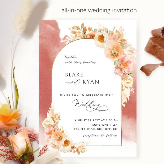 Elegant Floral Arch Peach Blush and Rust Wedding Kaart