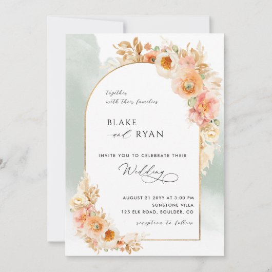 Elegant Floral Arch Peach Blush and Sage Weddensch Kaart (Voorkant)