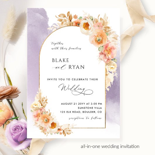Elegant Floral Arch Peach Blush Lavender Weddensch Kaart