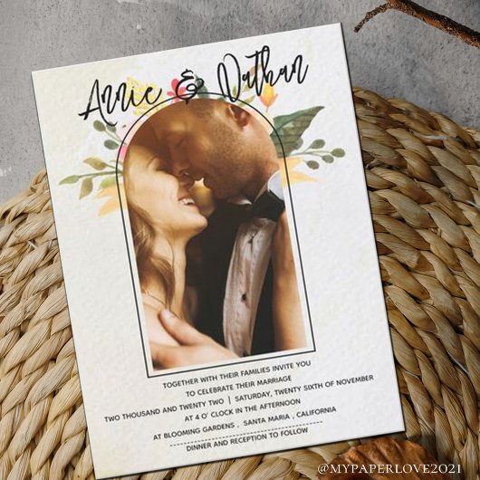 Elegant Floral Arch Script Romantic Photo Weddensc