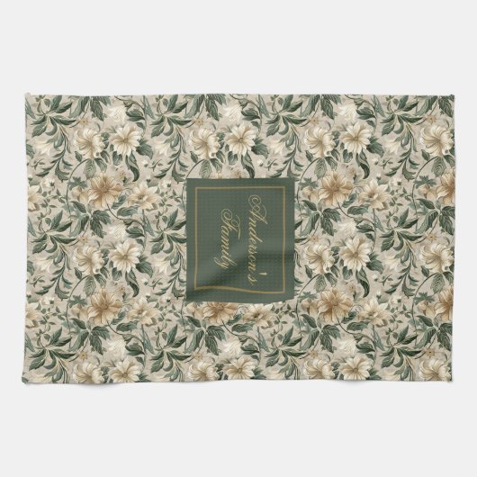 Elegant Floral Art Personalized Green Gold Towel  Theedoek (Horizontaal)