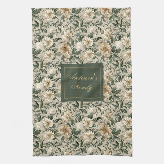 Elegant Floral Art Personalized Green Gold Towel  Theedoek (Verticaal)